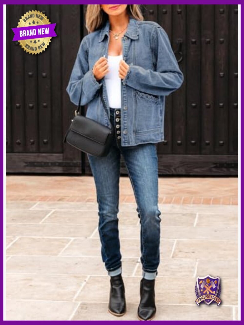 Women's Denim Jacket Long Sleeve Button Down Ruffled Shacket - Picture 5 of 7